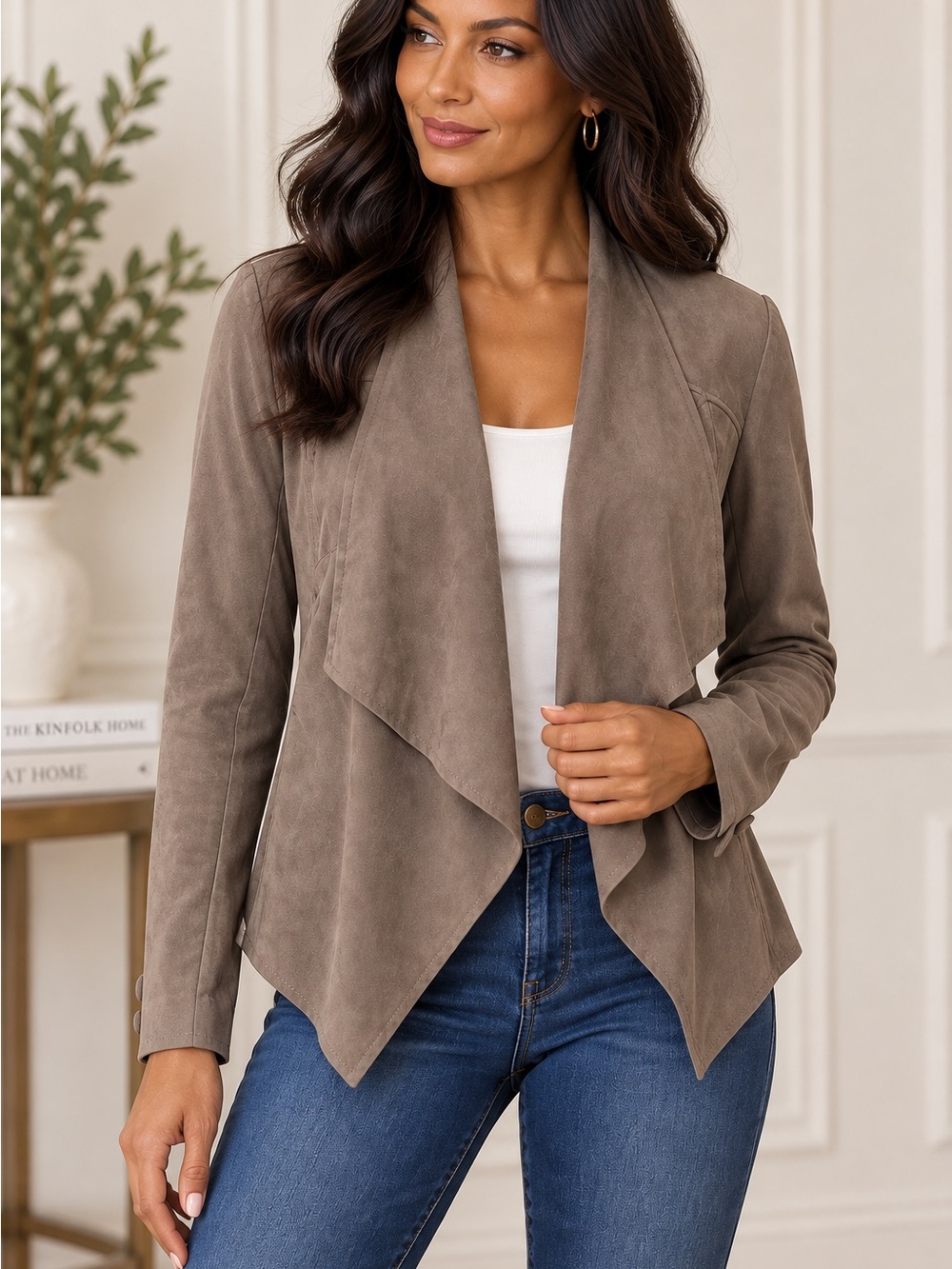 KUT from the Kloth Tayanita Tan Faux Suede open front draped Jacket in Tan M